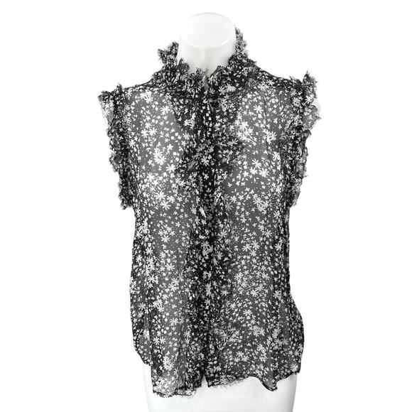 7 For All Mankind Black Floral Ruffle Sleeveless Button Sheer Cami Blouse Top XS - Picture 1 of 4